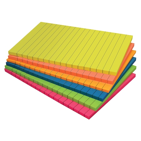 Better Office Products Lined Sticky Notes, 4in.x6in. 300 Shts 50/Pad, Self Stick Notes with Lines, Bright Colors, 6PK 66461